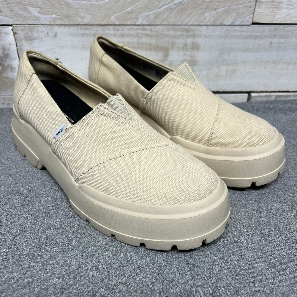 Toms Shoes Womens 7.5W Ivory Beige Alpargata Slip On Chunky Platform Loafers